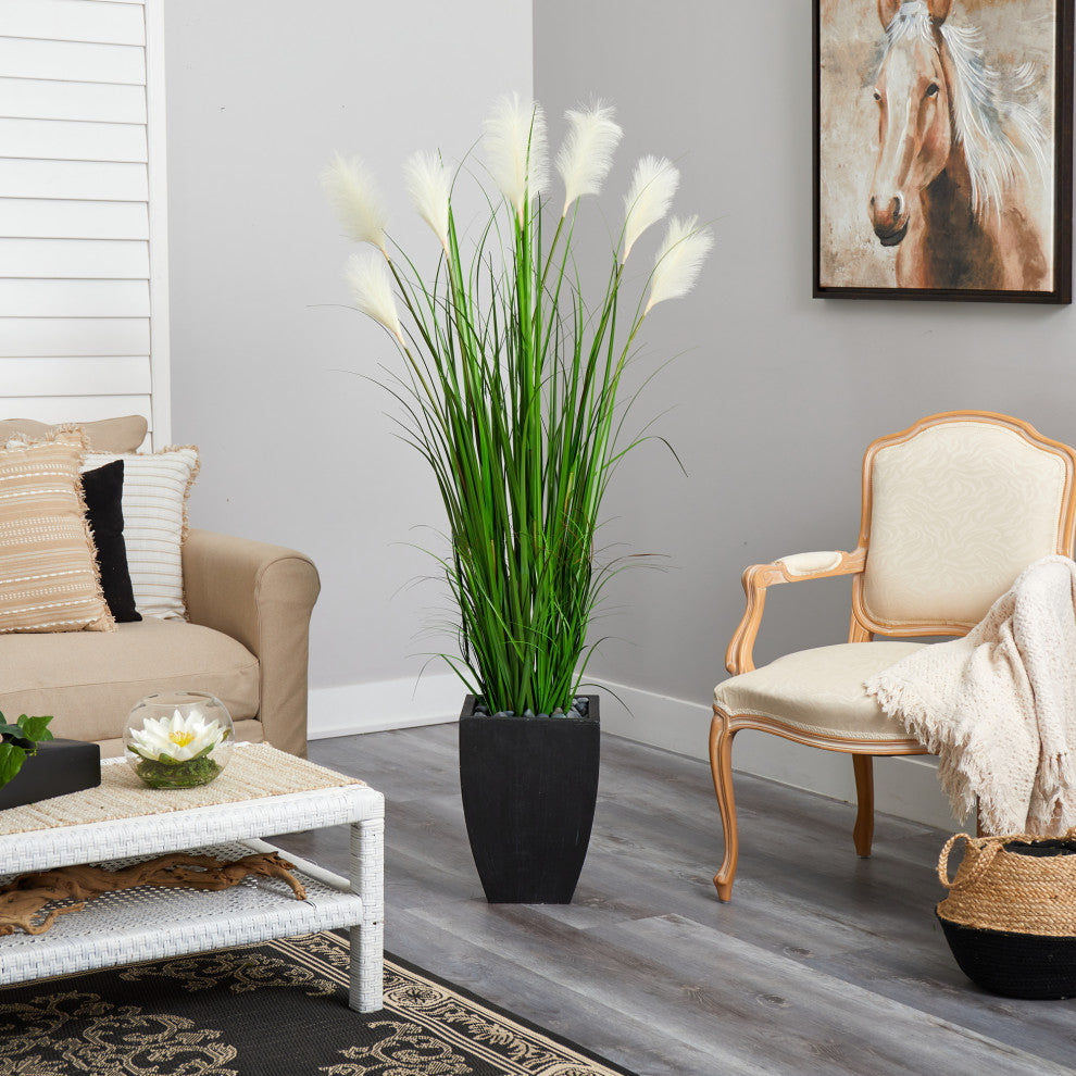 64" Wheat Plume Grass Artificial Plant, Black Planter