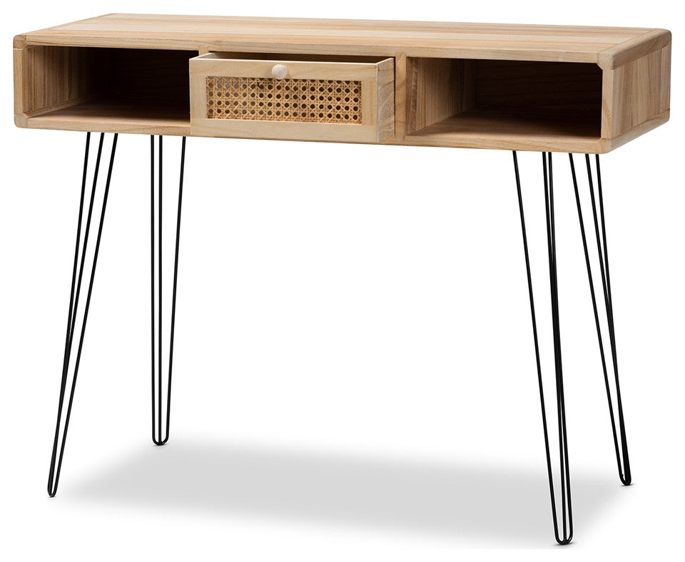 Mid-Century Modern Oak Brown Finished Wood Black Metal 1-Drwaer Console Table