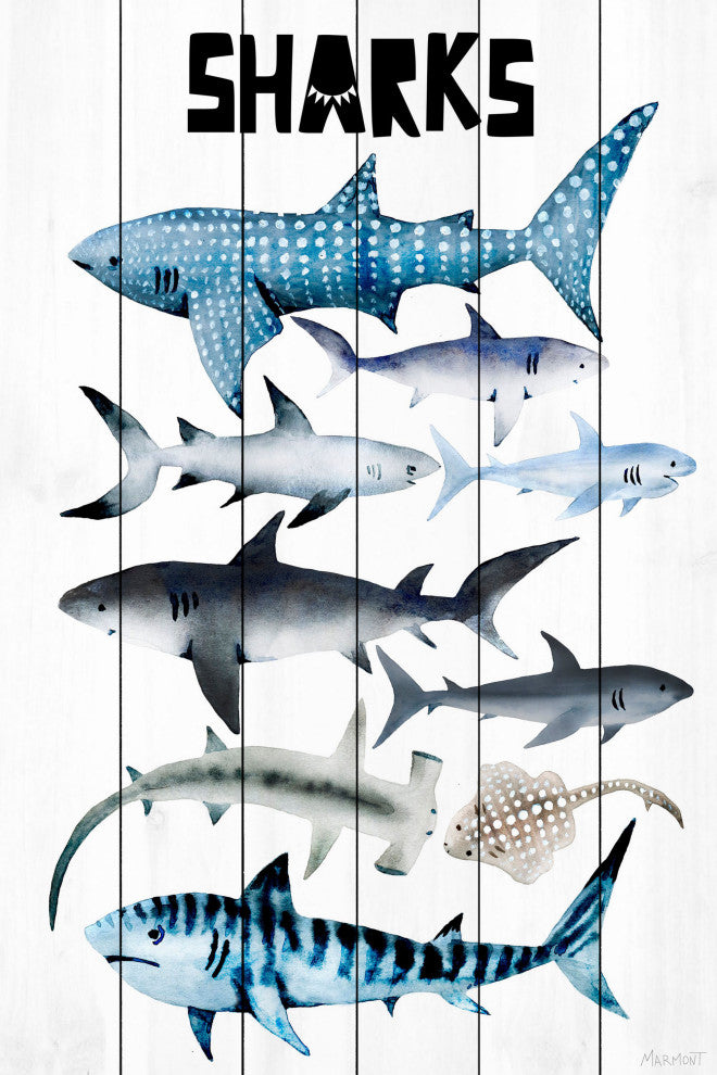 "Sharks" Painting Print on White Wood, 12x18