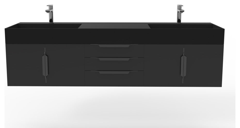 CastelloUSA Amazon 72" Wall Mounted Vanity Set, Black, Black Top, Black Handles