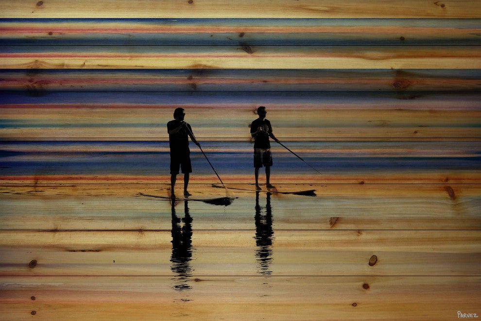 "Beach Surf" Print on Natural Pine Wood, 45"x30"