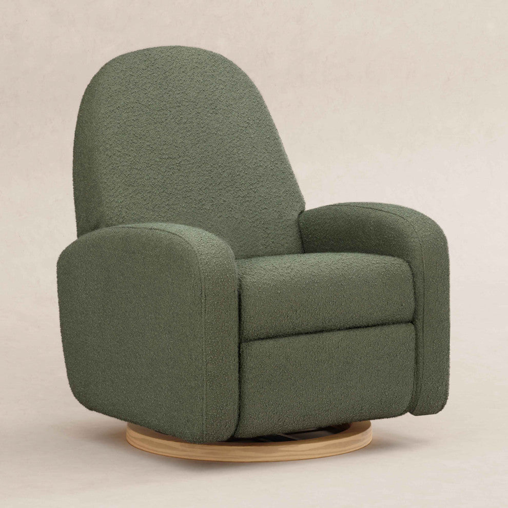 Nami Electronic Recliner and Swivel Glider Recliner, Boucle With USB port, Olive Boucle With Light Wood Base