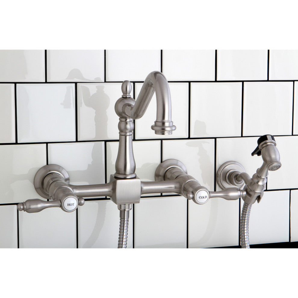 Kingston Brass Wall Mount Bridge Kitchen Faucet With Brass Sprayer, Brushed Nick