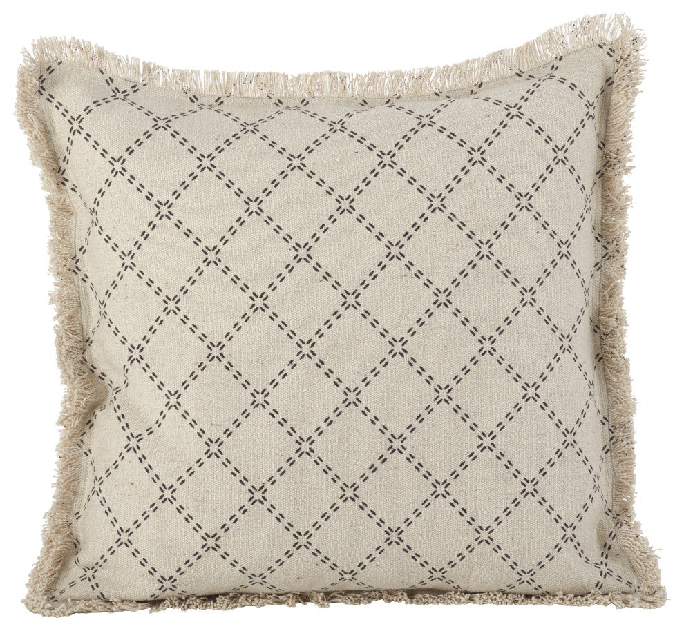 Diamond Design Fringe Trim Cotton Down Filled Throw Pillow, 20"x20", Natural