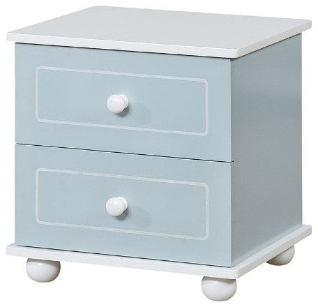 Two Drawer Solid Wood Nightstand with Round Feet, Blue And White