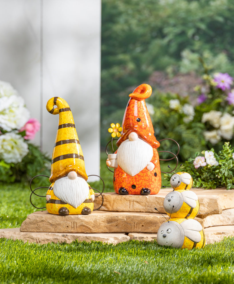 Set of 2, Assorted 9.8" Terracotta Bug and Bee Gnomes