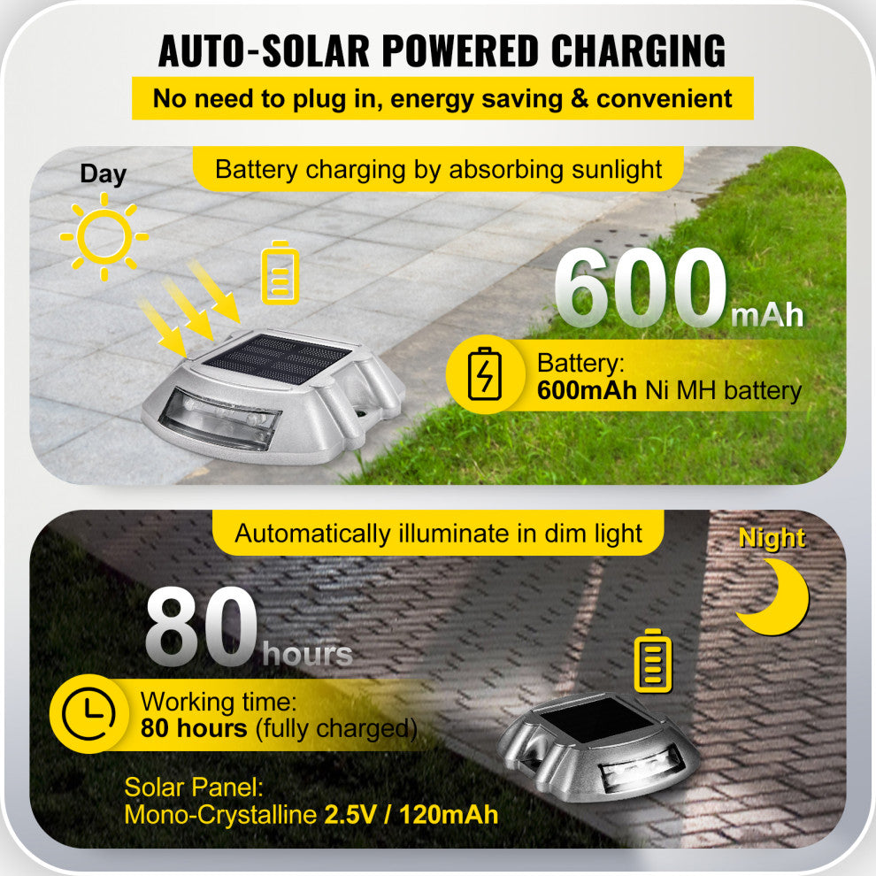 Solar Driveway Lights, Switch Button, Wireless, 6 LEDs, White, 12 Pieces