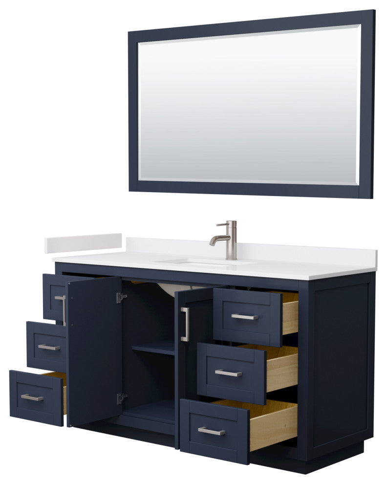 60"SGL Vanity Dark Blue, White Cult. Marble Top, Sink, Nickel Trim, 58"Mirror