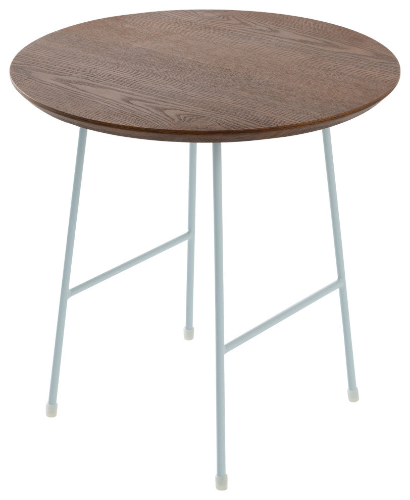 LeisureMod Rossmore Modern Round Side Table With White Steel Frame, Walnut