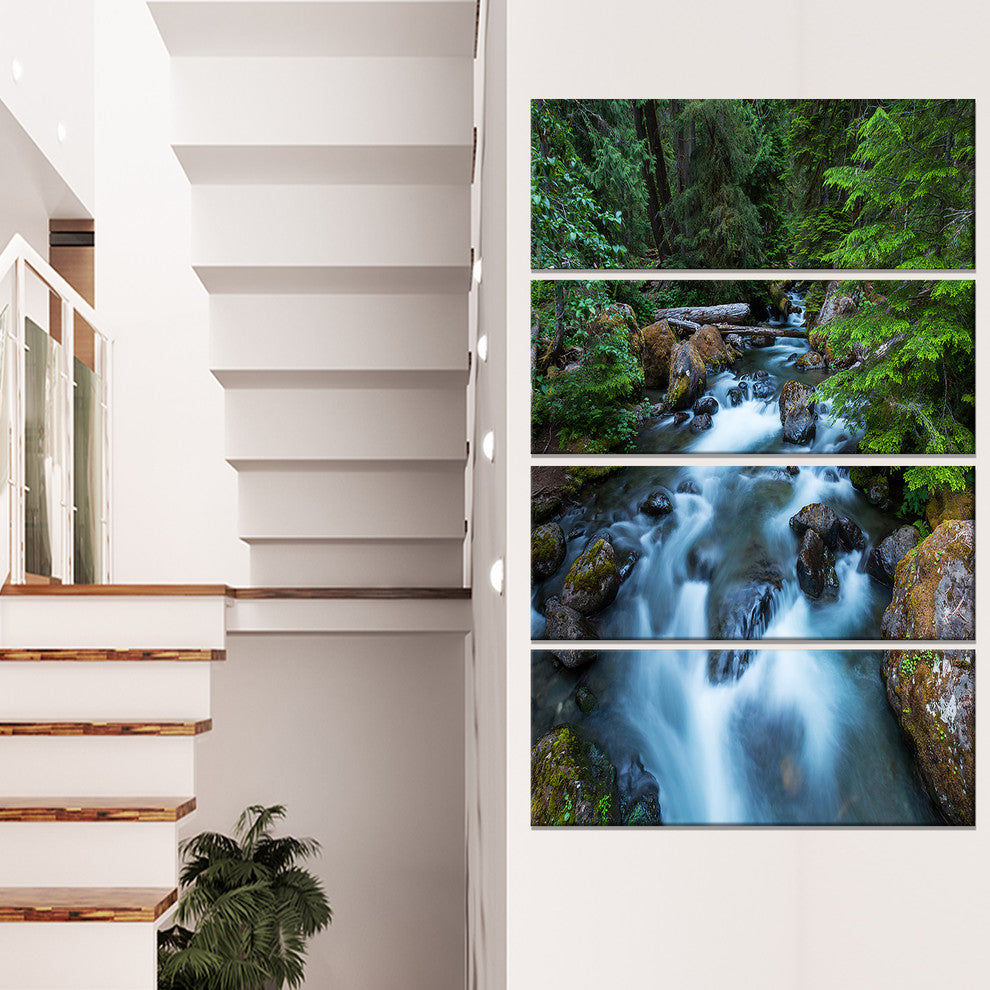 Rushing Water in Forest Creek, Landscape Canvas Art, 28"x48", 4 Panels