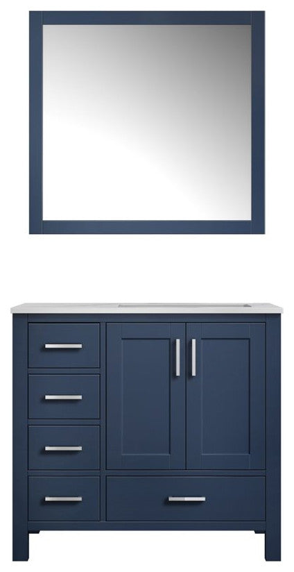 Lexora Home Jacques 36" Carrara Marble Top Single Vanity in Navy Blue