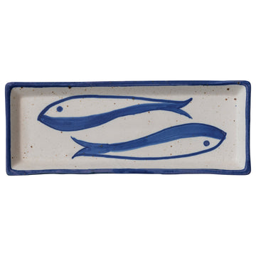 Rectangular Stoneware Bowl with Fish Design, White and Blue