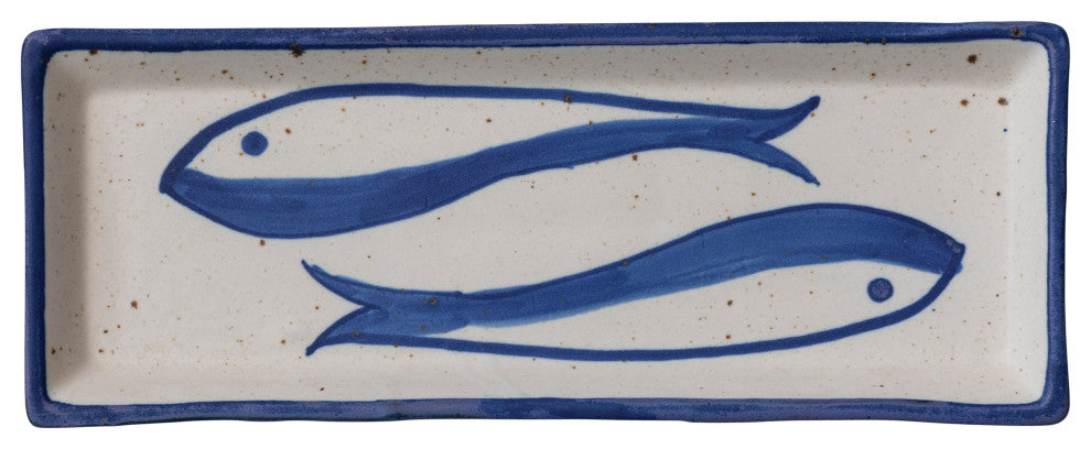 Rectangular Stoneware Bowl with Fish Design, White and Blue