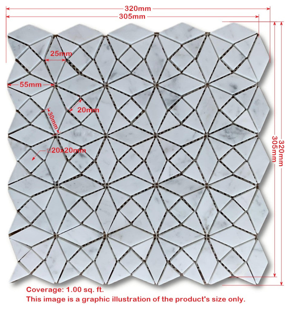 Nero Marquina Black Marble Kaleidoscope Diamond Mosaic Tile Thassos, 1 sheet