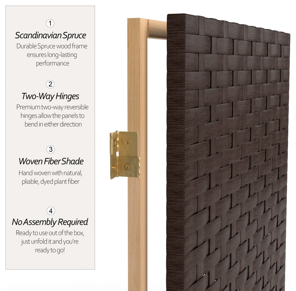 7' Tall Woven Fiber Room Divider, Dark Mocha, 4 Panel