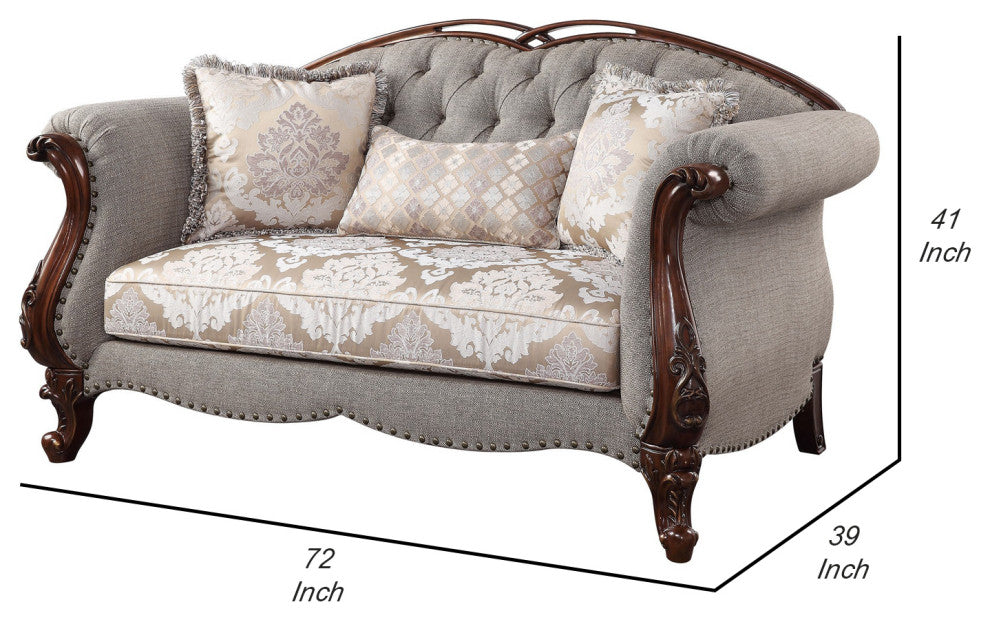 Benzara BM250250 Loveseat, Button Tufted Back and Queen Anne Legs, Gray/Brown