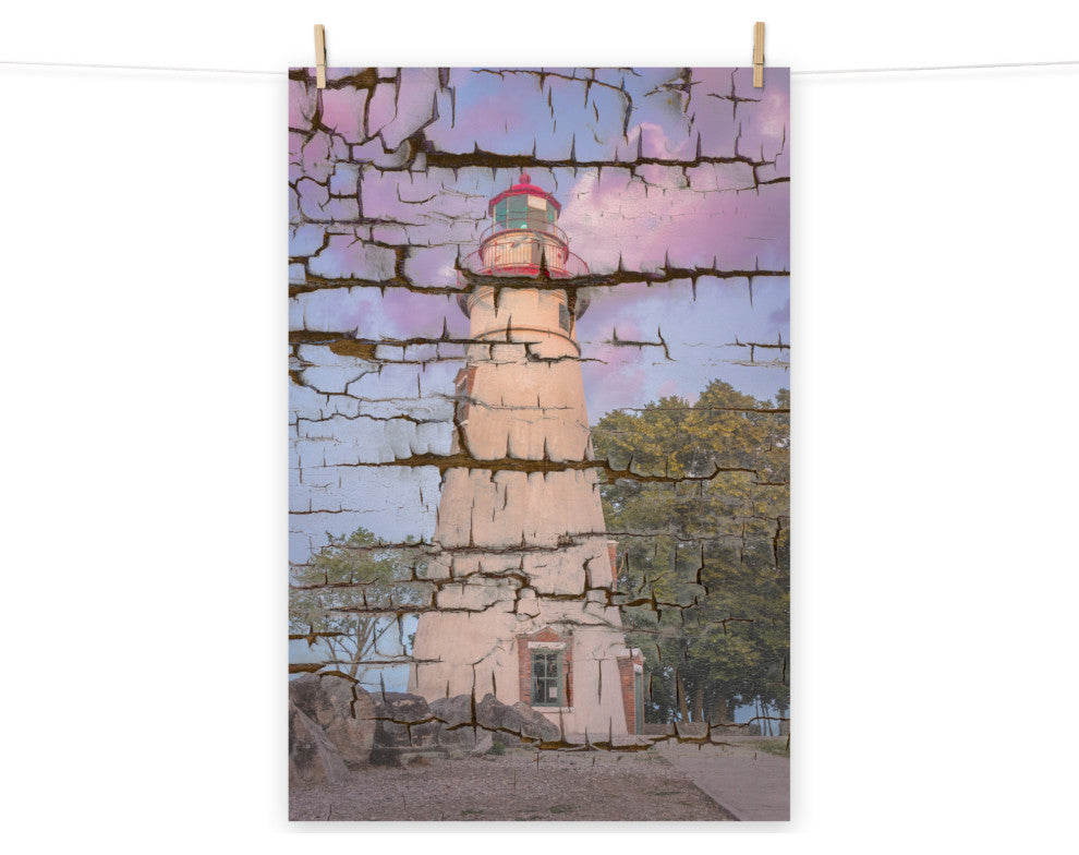 Faux Wood Texture Marblehead Lighthouse at Sunset Unframed Wall Art Prints, 12" X 16"