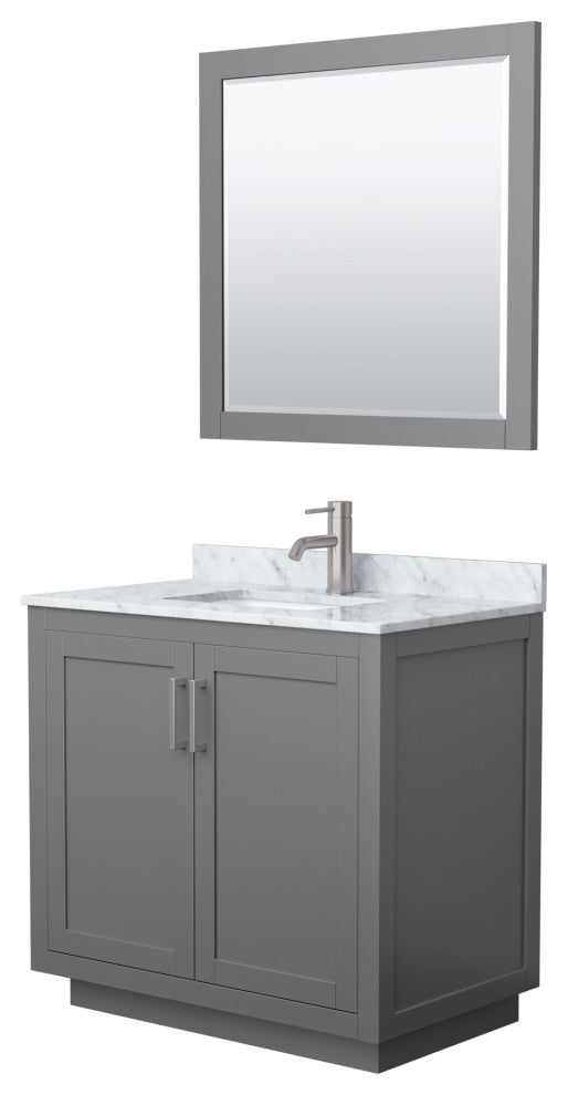 36"SGL Vanity Dark Gray, Carrara Countertop, Sink, Nickel Trim, 34"Mirror