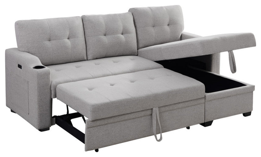 Mabel Fabric Sleeper Sectional With Cupholder, USB and Pocket, Light Gray, Linen