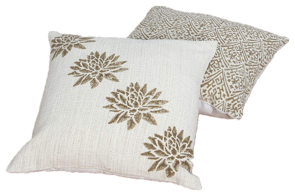 18x18 Hand Block Printed Cotton Pillow W Floral Details, Set of 2,Gold and Beige