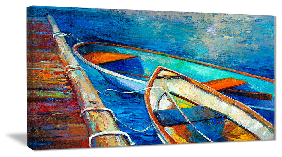 "Boats and Pier in Blue Shade" Canvas Print