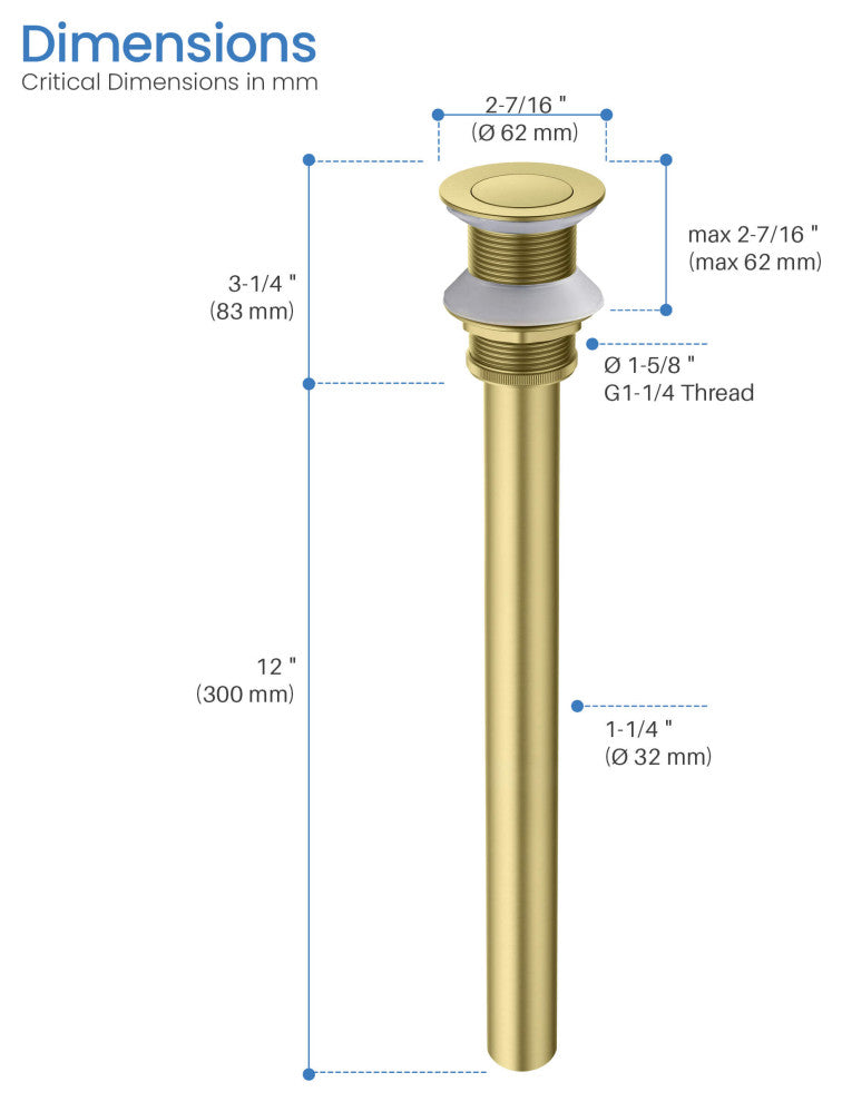 Bathroom Sink Pop Up Drain Stopper, 12" Tailpiece Without Overflow, Brushed Gold