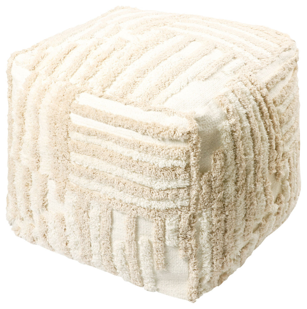Stacy Garcia Beige/Cream Modern Striped Cube Pouf, 18"x18"x18"