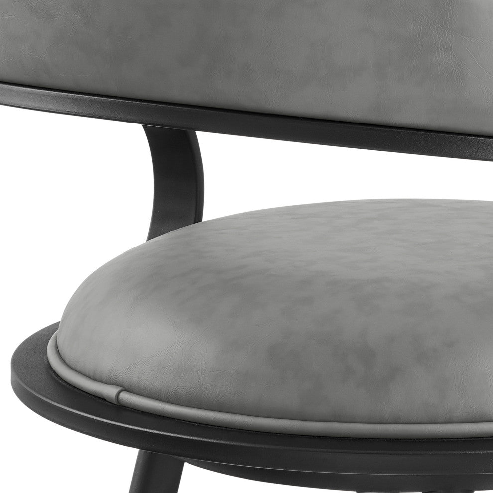 Gardenia Swivel Stool With Black Iron Frame and Faux Leather, Vintage Gray, Bar Height