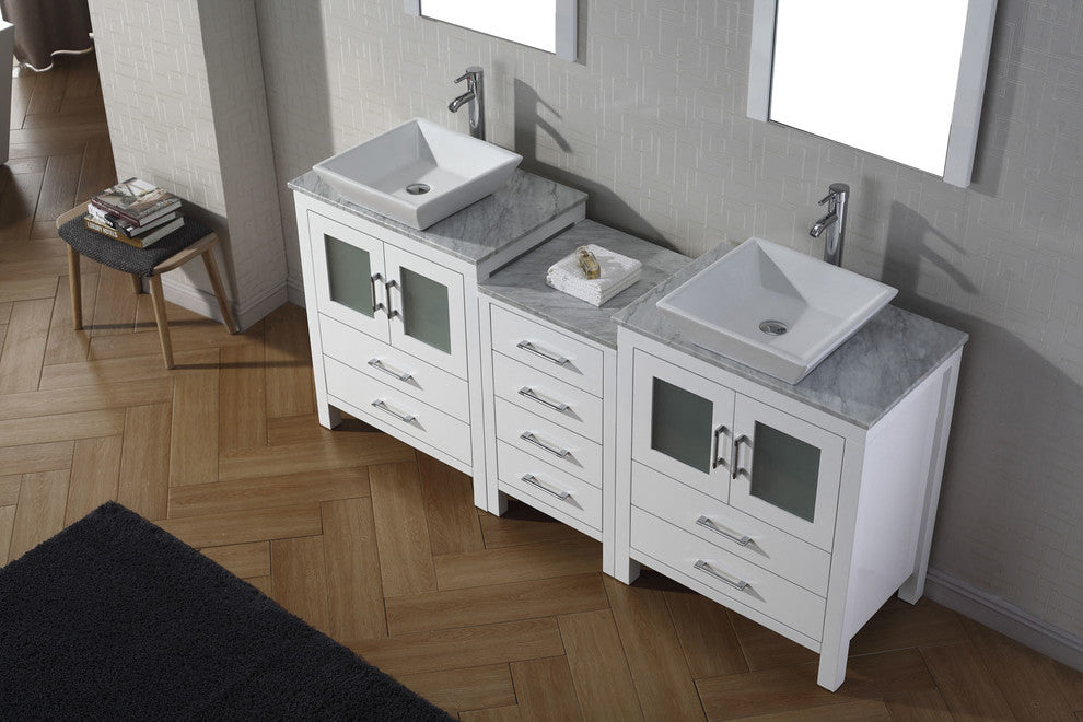 Virtu Dior 74" Double Bathroom Vanity, White With Faucet and Mirrors