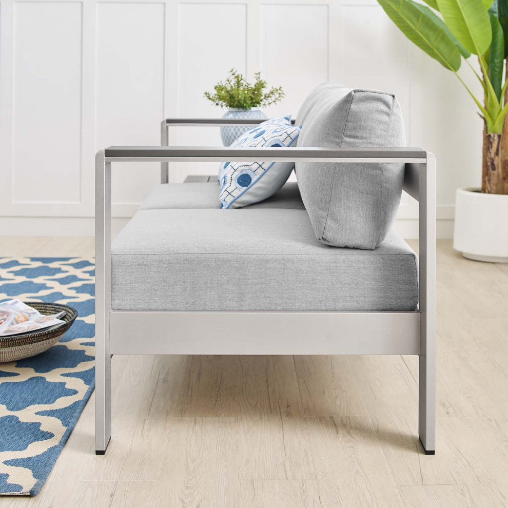 Lounge Loveseat Sofa, Sunbrella, Fabric, Aluminum, Silver Gray, Outdoor
