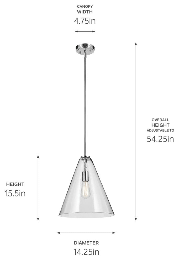 Everly 15.5" 1-Light Cone Pendant With Clear Glass, Chrome