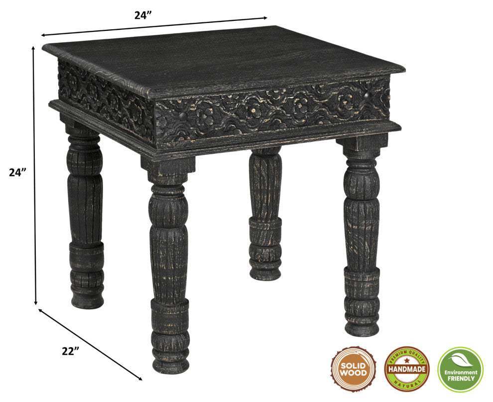Wiley Carved Edge End Table, Black, Mango Wood