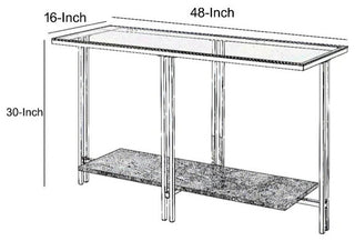 Glass Top Metal Sofa Table with Marble Bottom shelf, Silver and Clear