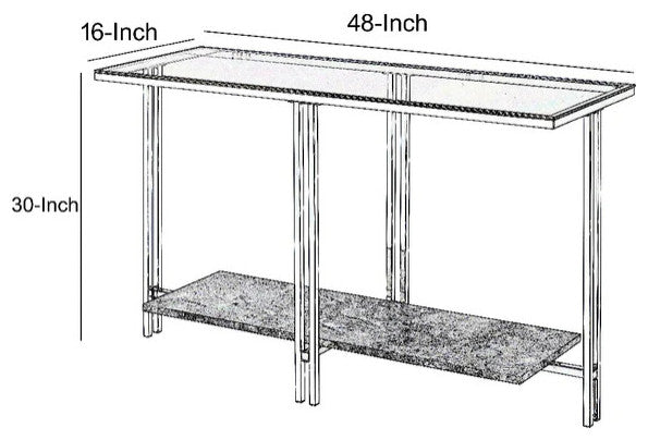 Glass Top Metal Sofa Table with Marble Bottom shelf, Silver and Clear
