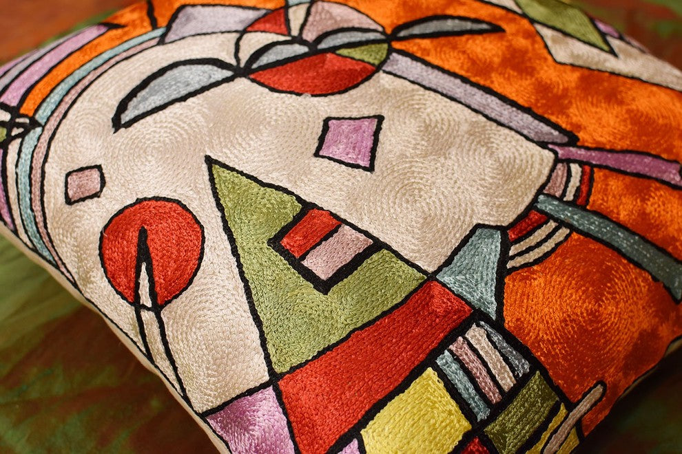 Kandinsky Orange Abstract Throw Pillow Cover Handembroidered Art Silk 18x18"