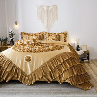 6-Piece Caramel Latte Ruffle Comforter Quilt Set, California King