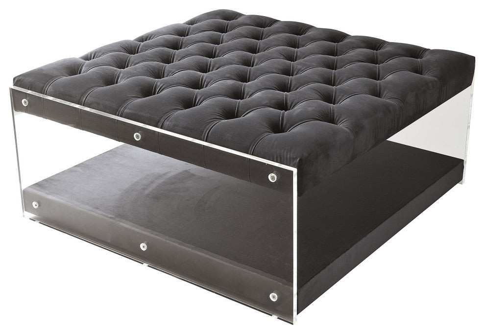 Rossi Velvet Oversized Button Tufted Clear Acrylic Sides Ottoman, Gray
