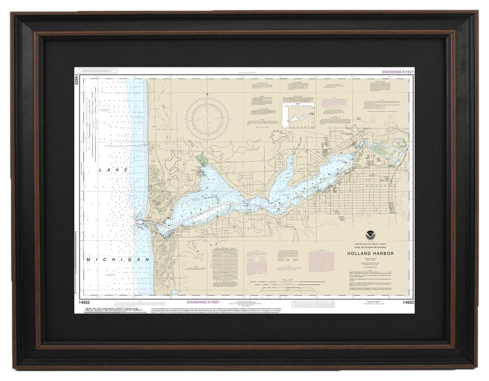 Framed Nautical Chart, Holland Harbor, Lake Michigan, 24x17