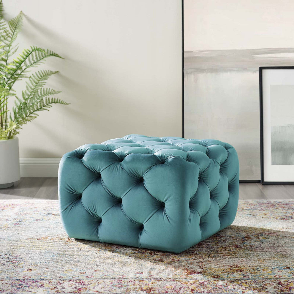 Tufted Accent Chair Ottoman, Square, Velvet, Blue, Modern, Lounge Hospitality