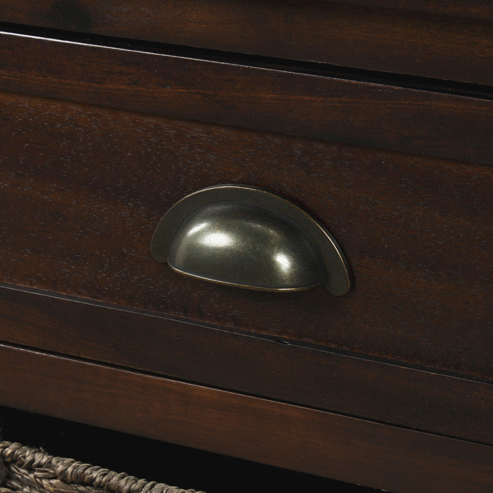 28" Wood 2 Drawers Storage Cabinet with 4 Rattan Basket, Espresso, 28" Tall