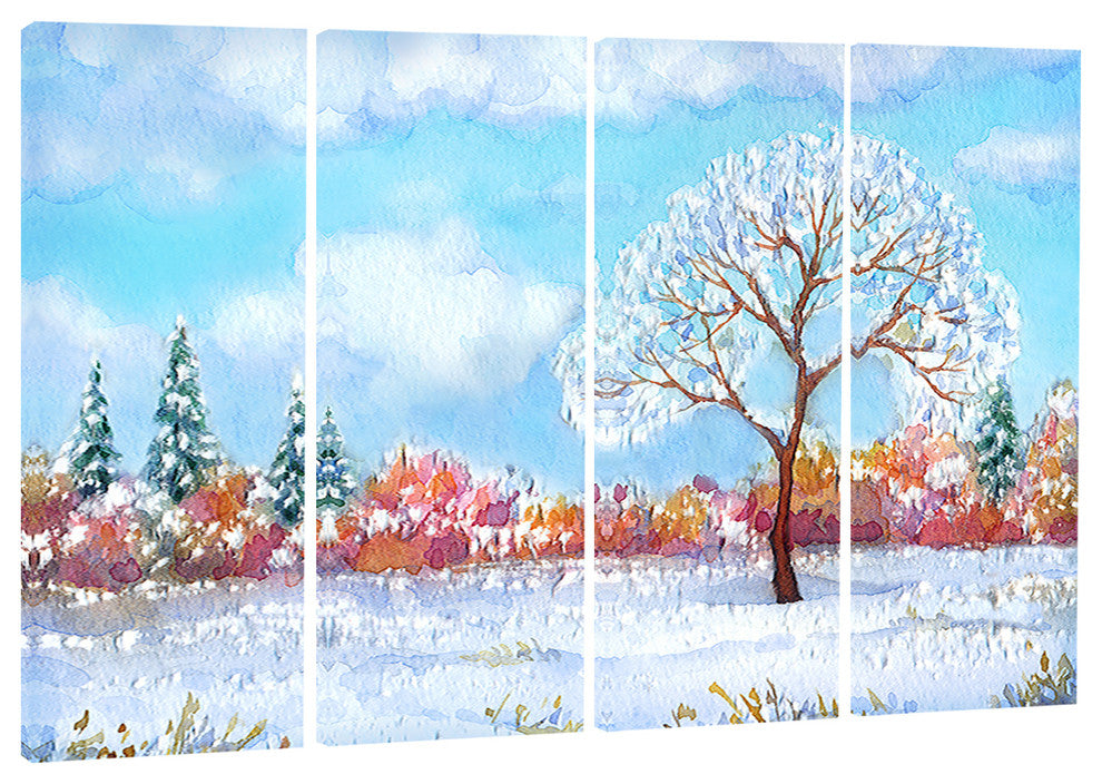 "Tree in Winter Watercolor" Painting Landscape Canvas Print, 4 Panels, 48"x28"
