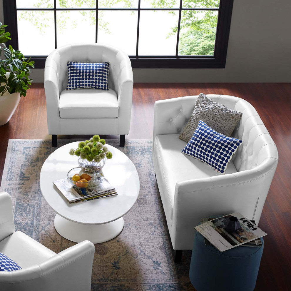 Armchair and Loveseat Sofa Set, Faux Leather, White, Modern, Lounge Hospitality