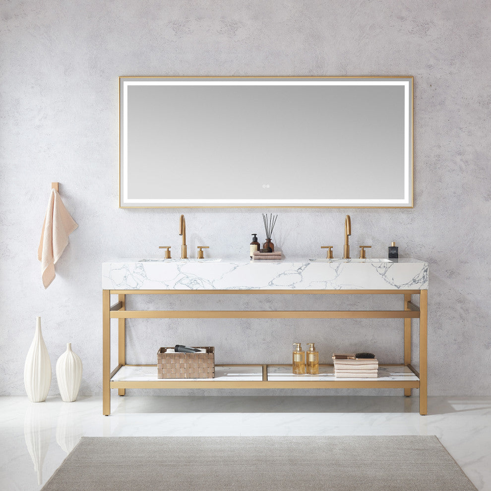Ecija Bath Vanity, Metal Support with Stone Top, Brushed Gold, 72 in., With Mirror
