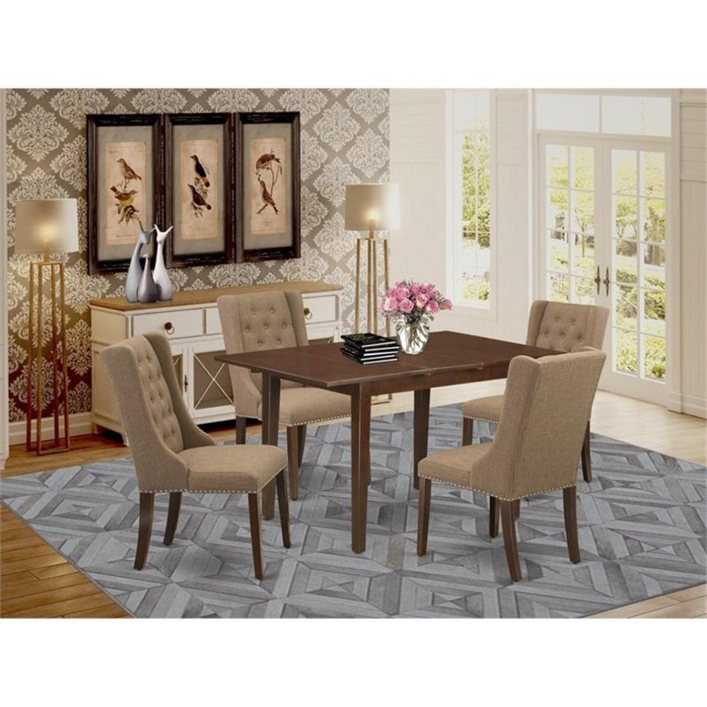 5-Piece Set Table and 4 Light Sable Linen Fabric Chairs Back, Mahogany