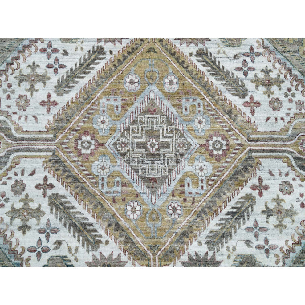 Pearl White Hand Knotted Unique Flower Rosettes Border Oversized Rug 13'8"x17'9"