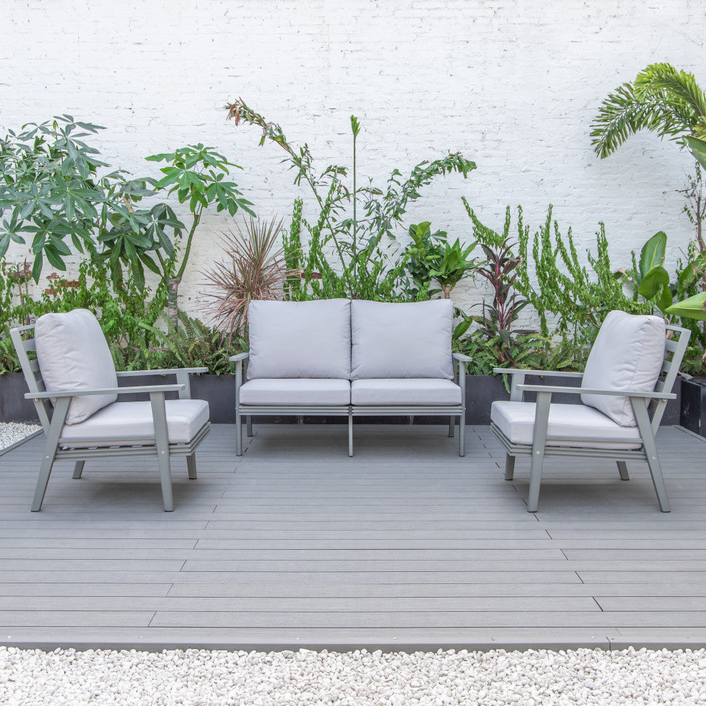 LeisureMod Walbrooke 3-Piece Patio Set With Gray Aluminum Frame and Cushions, Light Grey