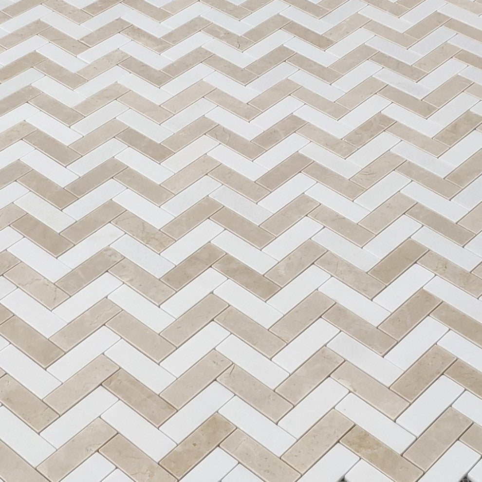 Crema Marfil Thassos White Marble 1x3 Herringbone Wall Floor Tile, 1 sheet
