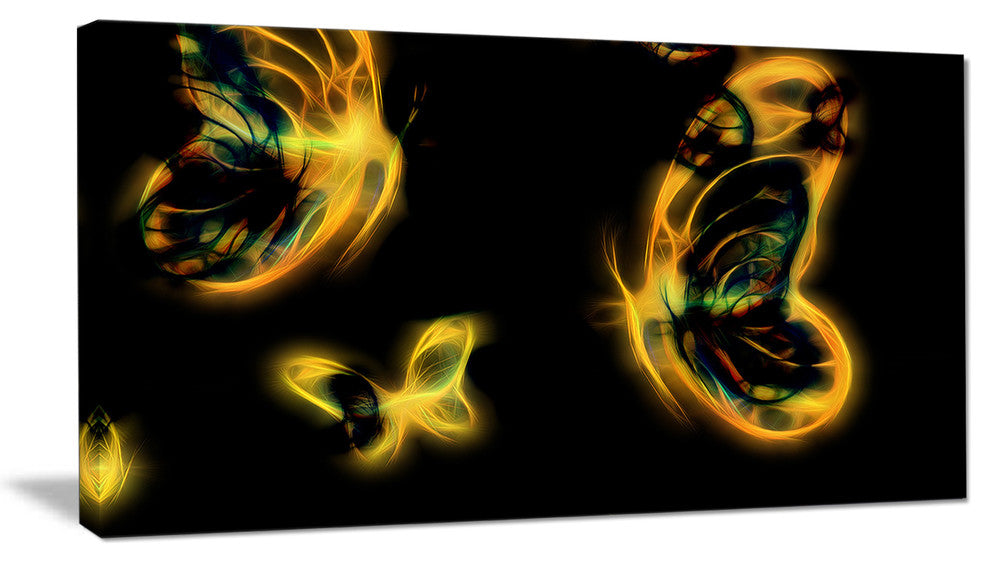 Yellow Fractal Butterflies on Black, Floral Canvas Art Print, 32"x16"