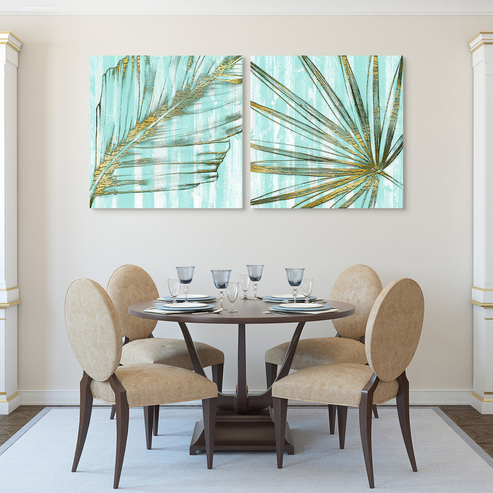 "Beach Frond in Gold" Glass Wall Art Free Floating Tempered Glass Print Set of 2