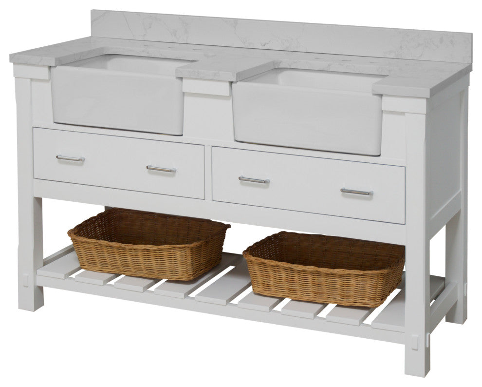 Charlotte 60" Bathroom Vanity, White, Engineered Carrara, Double